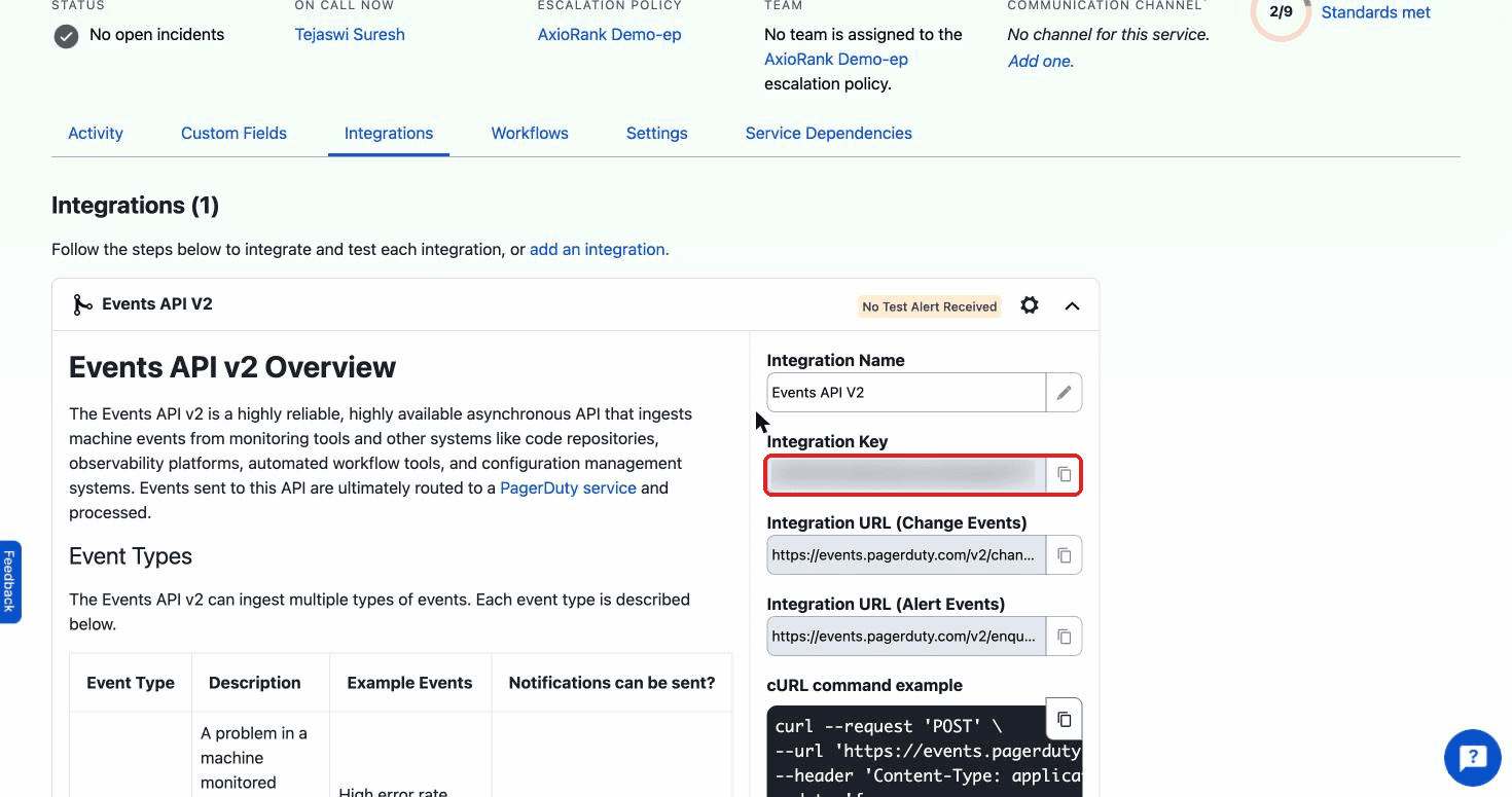 Copying the Integration Key from the service's Integrations tab